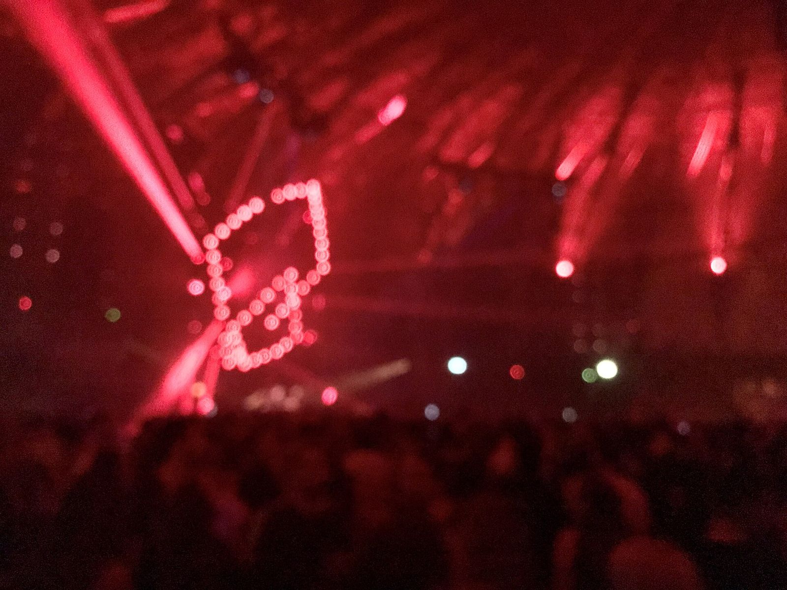 Red lasers and a suspended light cube at Awakenings in the Gashouder