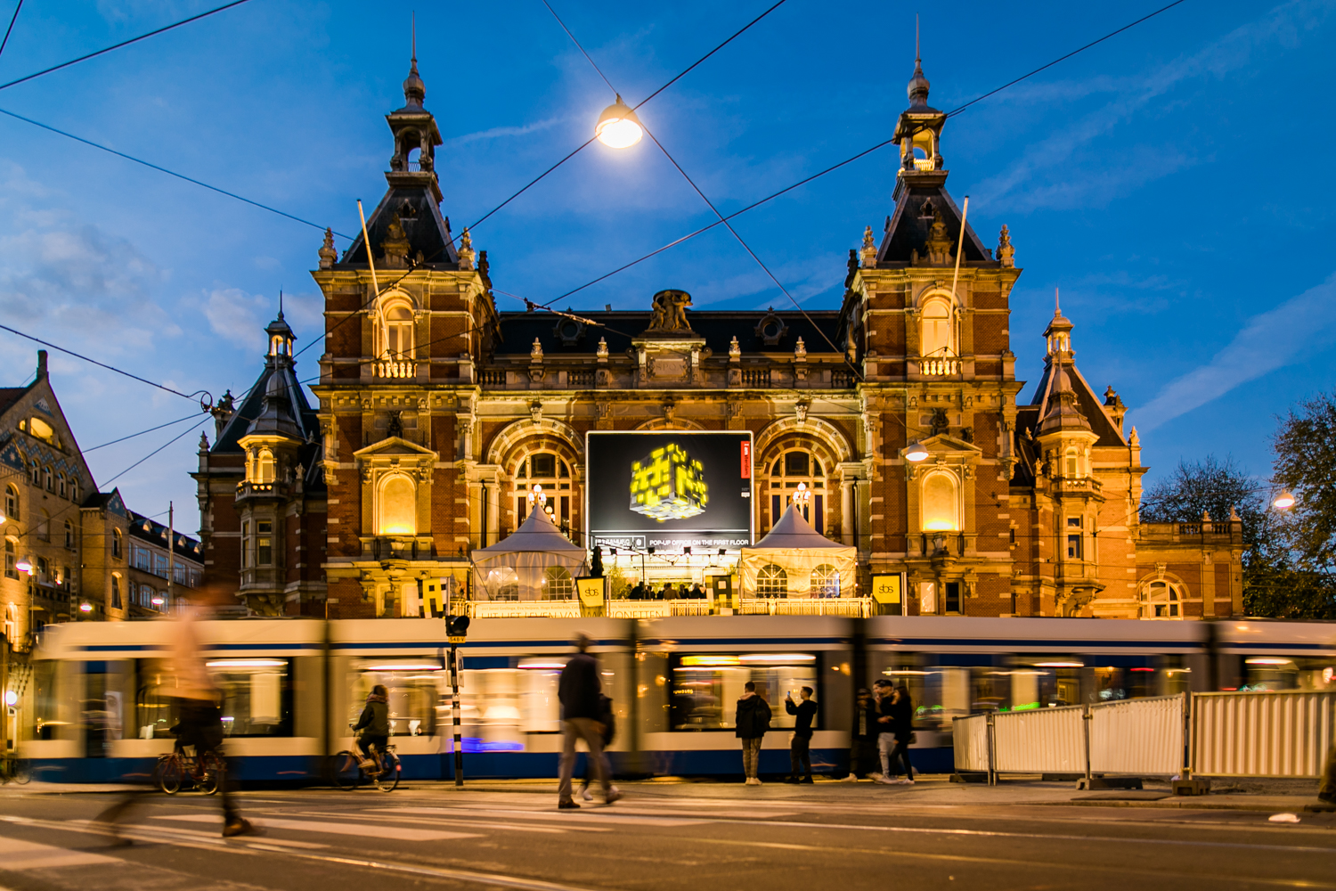 The Stadsschouwburg on Leidseplein lit up during ADE 2018